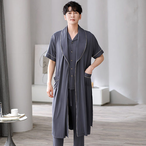 莫代尔三件套睡衣男睡袍夏季短袖长裤男士春秋棉绸浴袍大码家居服 - 图1