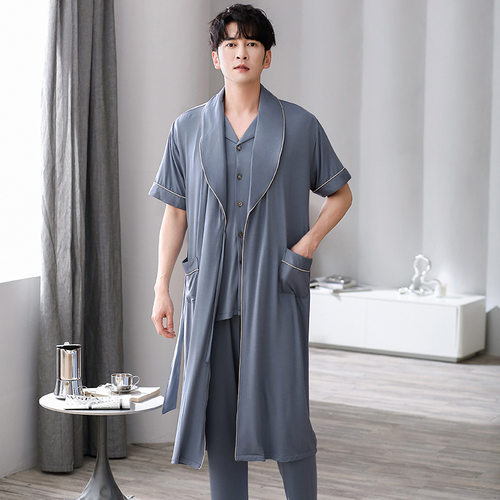 莫代尔三件套睡衣男睡袍夏季短袖长裤男士春秋棉绸浴袍大码家居服 - 图2