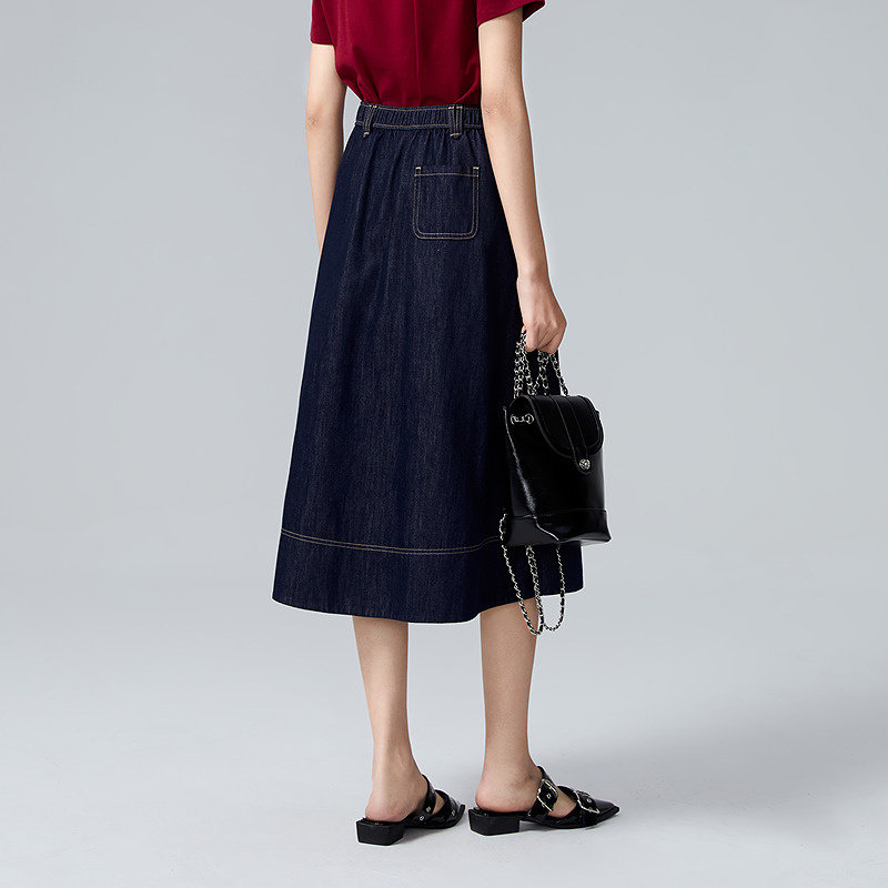 普普风商场同款女装复古优雅中长款半身裙线迹牛仔长伞裙女22522