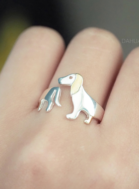 中性铜镀银腊肠小狗戒指
