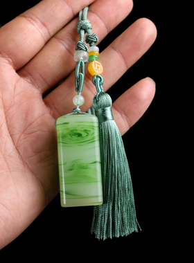 和田玉翠青玉石印章手把件