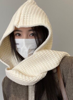 帽子女冬季时尚潮款两用针织斗篷百搭纯色保暖连帽披肩围巾一体帽
