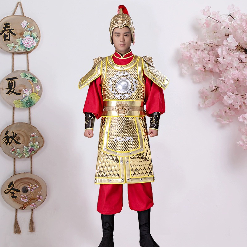 出租古装男款古代盔甲将军大帅大将戏服岳飞演出服装金色铠甲披风 - 图0