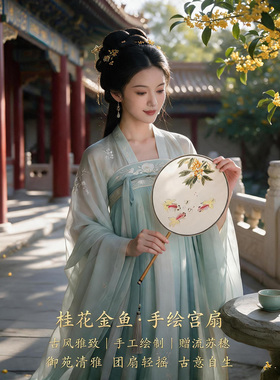 纯手绘国画宫扇桂花中式玉竹拍照收藏宣纸文玩古风手工画摆件