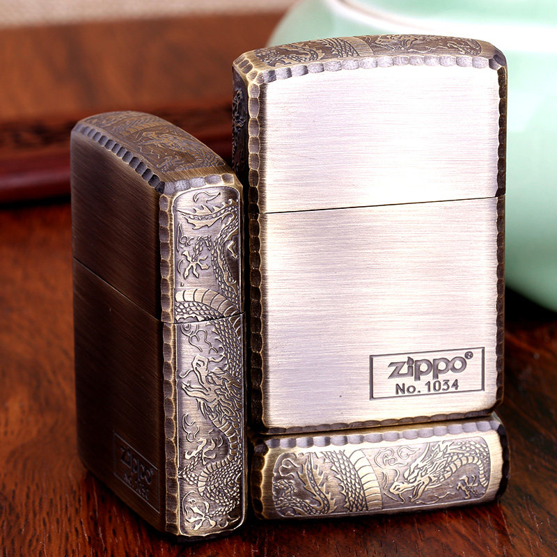 打火机zippo正版原装正品 古银盔甲机三面雕刻限量版 盘龙波纹边