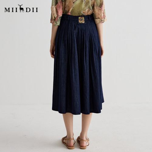 谜底半身裙女2025夏季新品通勤压褶伞裙宽松A型中长半裙252MB0632 - 图1