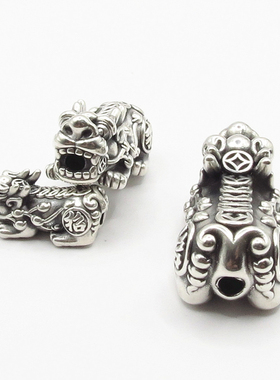 S999纯银做旧复古3D硬足泰银招财纳福财字背金钱元宝貔貅手链配件