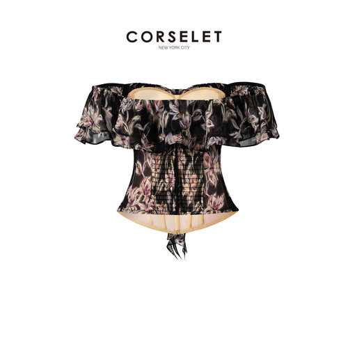 CORSELET月落繁花木耳边褶皱鱼骨胸衣春夏花卉一字肩收腰抹胸上衣 - 图2