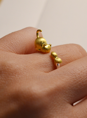 925银国风拉丝镀金立体猫鱼戒指