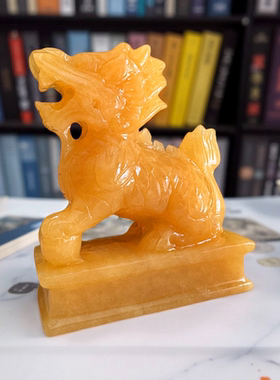 天然玉石米黄玉麒麟摆件一对招财