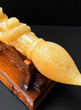 天然玉石单龙戏珠发财毛笔摆件