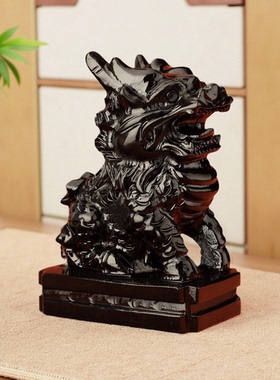 天然黑墨石麒麟摆件黑玉石麒麟客厅办公室桌面家居装饰品招财风水
