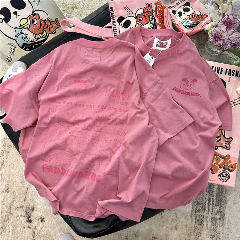 独+巨献！Pandawarks熊猫纸袋家后背印花宽松显瘦纯棉短袖T恤女夏 - 图0