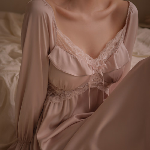 仙女丝绸睡裙女春夏款冰丝长裙带F010性感长袖睡衣过膝长款家居服 - 图2