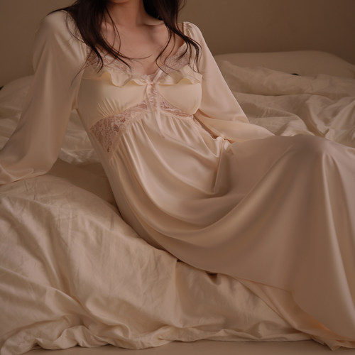 仙女丝绸睡裙女春夏款冰丝长裙带F010性感长袖睡衣过膝长款家居服 - 图0