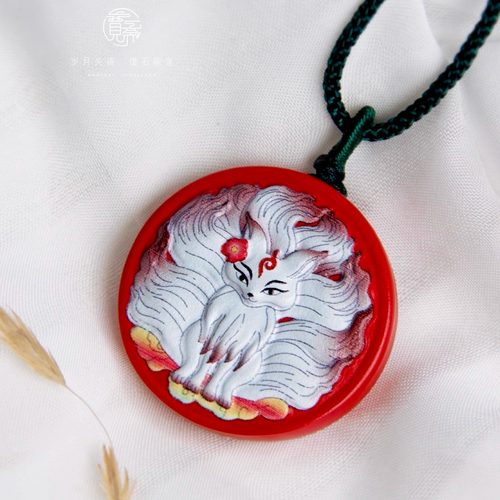 朱砂彩绘九尾狐吊坠项链挂件毛衣链男女款本命年礼物小众编绳 - 图1