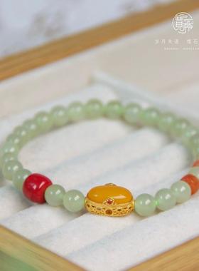 和田玉手串天然晴水料搭配南红隔珠朱砂直切蜜蜡尺寸6mm 国风轻奢