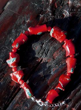 尼泊尔补丁藏式设计复古个性民族风随形纯银绿松红色手链