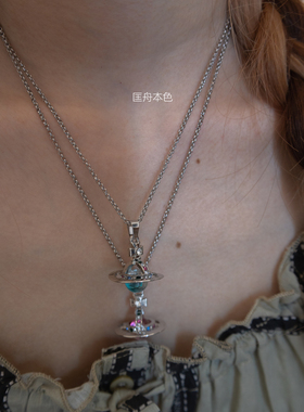 匡舟本色 中古限定薄荷绿渐变 水晶玻璃3d立体土星 西太后项链