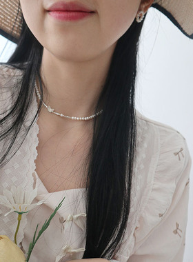 天然珍珠项链纯银蝴蝶碎银子颈链