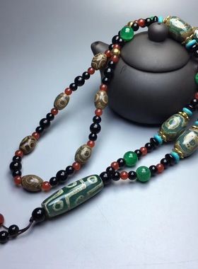 玛瑙满绿色三眼配九眼老天珠项链