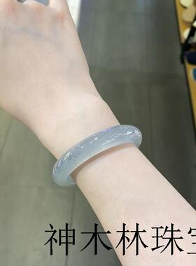 冰种飘花翡翠色手镯女款扁条高冰蓝水天青色镯子玉石精品手饰手镯