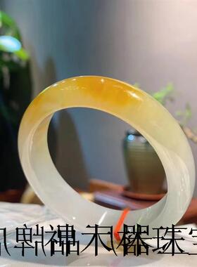 高端翡翠色手镯冰种黄翡圆条女水润飘花玉镯子缅甸老坑珠宝百搭款