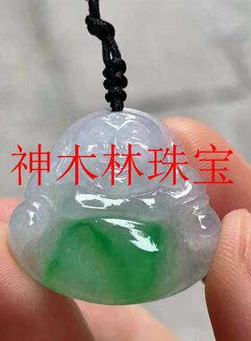 缅甸老坑料冰种飘花阳绿翡翠色弥勒佛吊坠女款锁骨链挂件佛公项链
