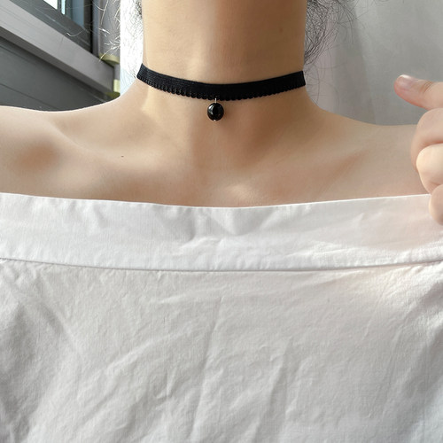 黑色脖子饰品纯银日韩国简约choker项圈项链女锁骨链蕾丝颈带颈链 - 图2