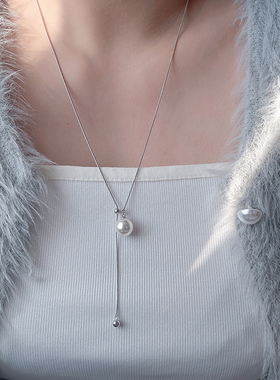 三色珍珠S925纯银长款抽拉可调节蛇骨链毛衣项链女简约毛衣链轻奢