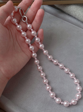 S925纯银小众粉色珍珠项链气质潮