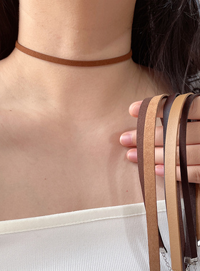 纯银棕色绒绳皮绳choker项圈项链