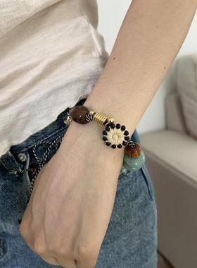 小众风重工卡通毛绒豹纹咖色爱心串珠链挂件diy手链