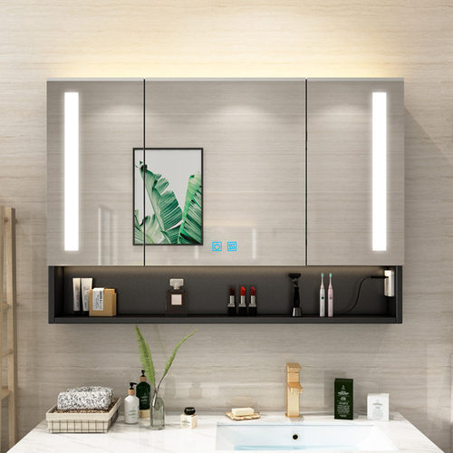 304不锈钢开放格智能浴室镜柜单独卫生间挂墙式置物柜收纳led带灯 - 图0