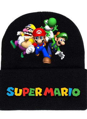 马里奥Mario针织帽超级玛丽黑色印花简约毛线帽秋冬保暖护耳帽子