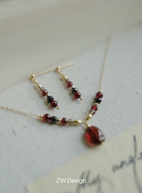 酒红色天然石套装显白锁骨链耳环