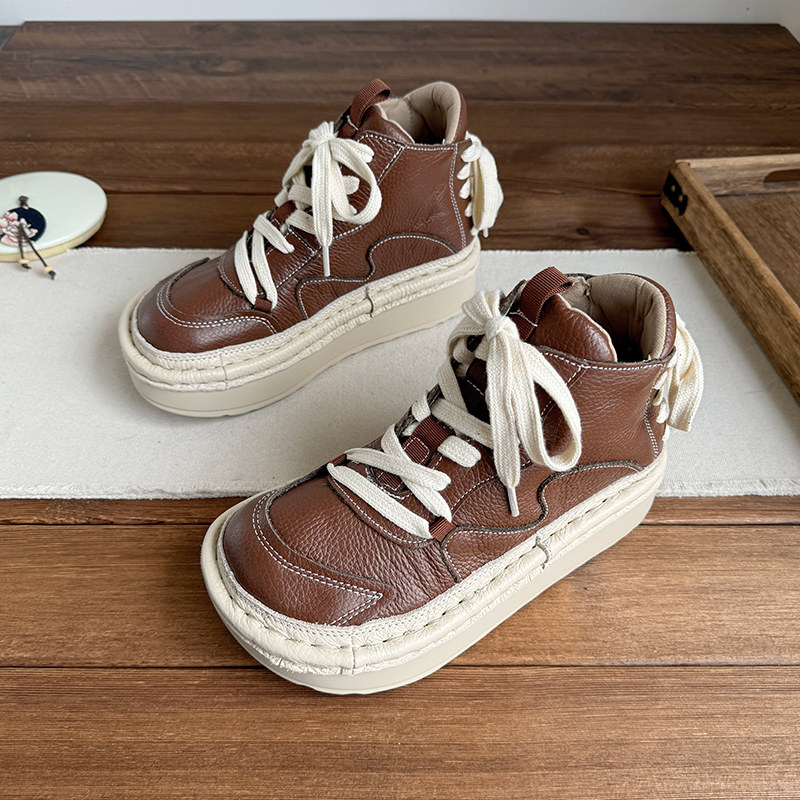 森系复古真皮厚底马丁靴短筒靴松糕跟后系带中跟女头层牛皮女靴子,淘宝优惠券,粉丝福利购,淘宝优惠卷