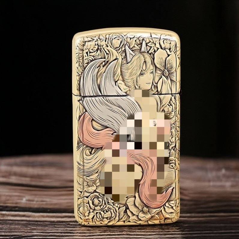 正品zippo打火机黄铜套壳鹰皇九尾狐美女紫铜镶嵌窄版浮雕打火机,淘宝优惠券,粉丝福利购,淘宝优惠卷
