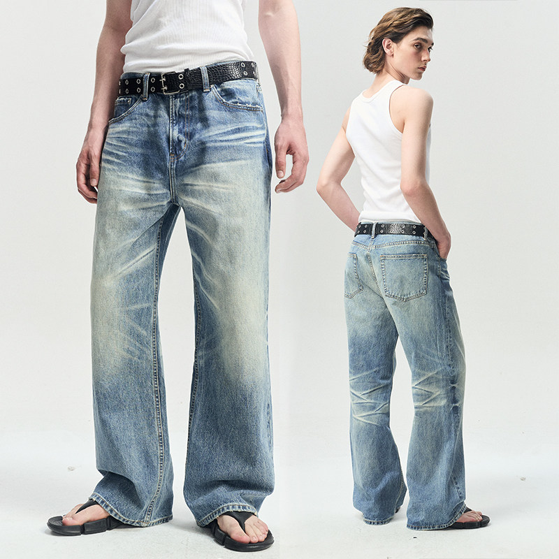 LEONSENSE力上司 重磅做旧水洗雪花猫须时髦微喇直筒牛仔长裤中性,淘宝优惠券,粉丝福利购,淘宝优惠卷