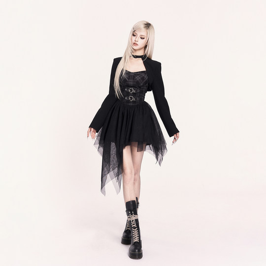 VOCK 反叛乐队 摇滚轻亚感朋克不规则网纱蓬蓬连衣裙十字架短外套