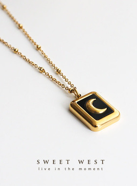 甜西士多复古黑胶月亮方块锁骨链