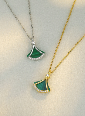 925纯银18K绿色扇子孔雀石项链女