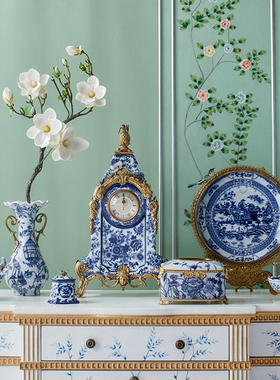 青花玄关挂盘墨瑞法配铜中式