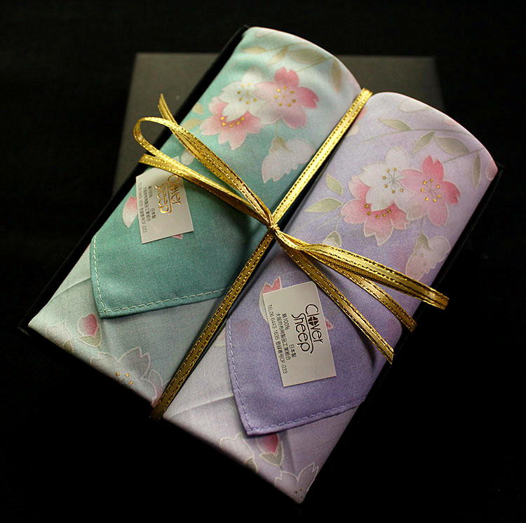 日本进口 女士手帕纯棉礼盒装 和风樱花薄荷绿 全棉手帕 手绢古风