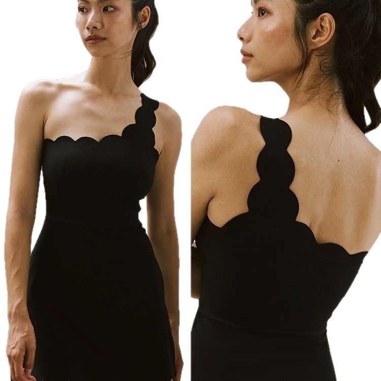 花边斜肩运动服女紧身瑜伽连体服带胸垫收腹健身高尔夫棒球网球裙,淘宝优惠券,粉丝福利购,淘宝优惠卷