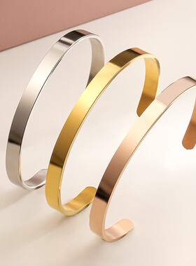 简约钛钢手镯开口可调节c形手环女 刻图案文字logo不锈钢手镯