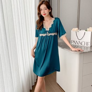 Nightgown for women summer short-sleeved thin ice silk pajamas for women Korean style sweet silk home wear women's imitation silk dress