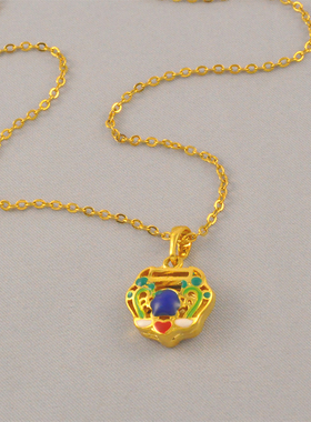 新款镀金女款吊坠项链景泰蓝吊坠送链子久不掉色吊坠平安锁送女友