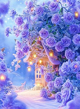 唯美梦幻紫色玫瑰花风景海报墙贴画老式风景装饰画竖版主卧自粘贴