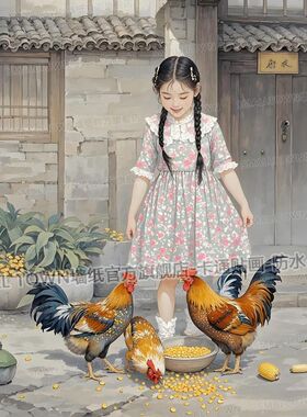 复古旧时光小孩喂鸡图海报墙贴画80年代儿时回忆装饰画防水自粘贴